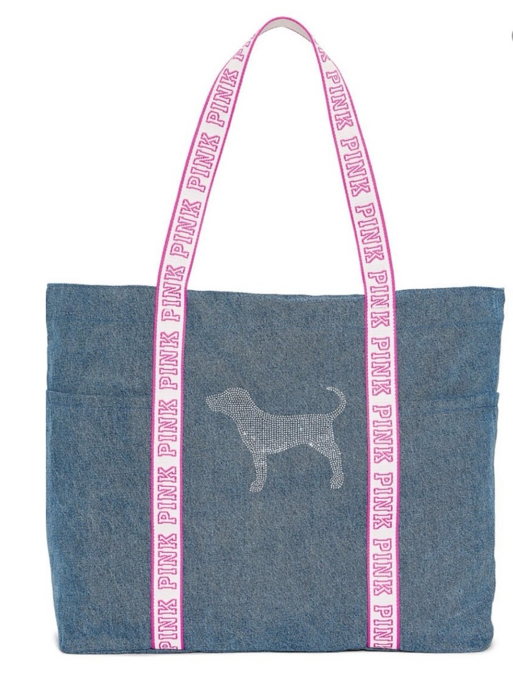 NWOT PINK Victoria's Secret Denim Tote with Pink Logo Straps and Rhinestone Dog